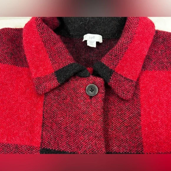 J.Jill Buffalo Red Black Cardigan Wool Blend Soft Jacket Large Petite - Picture 10 of 11